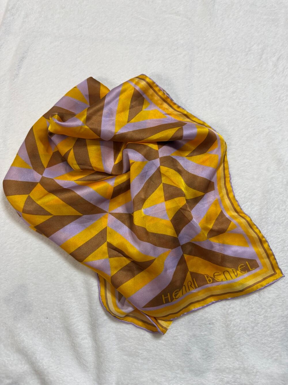 Henri Bendel 100% Silk Scarf 36x36 Geometric Mod Print Yellow Purple Brown